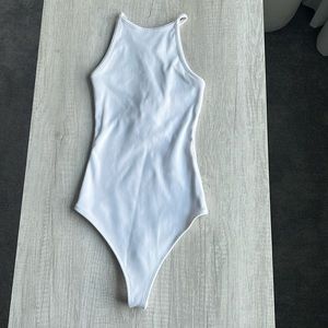 Abercrombie High Neck Ribbed Tie- Back White Bodysuit